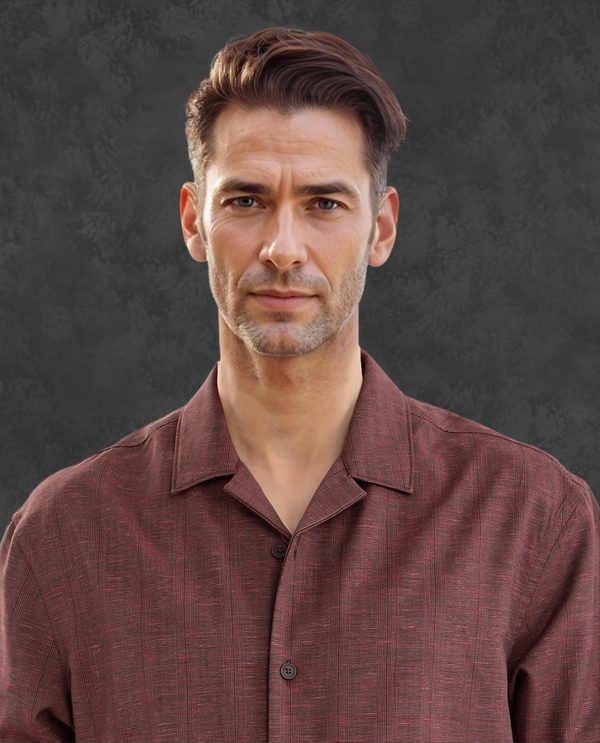 Rare Rabbit Men Reno Maroon Cotton Blend Fabric Full Sleeve Cuban Collared Button Closure Regular Fit Checks Premium Casual Shirt