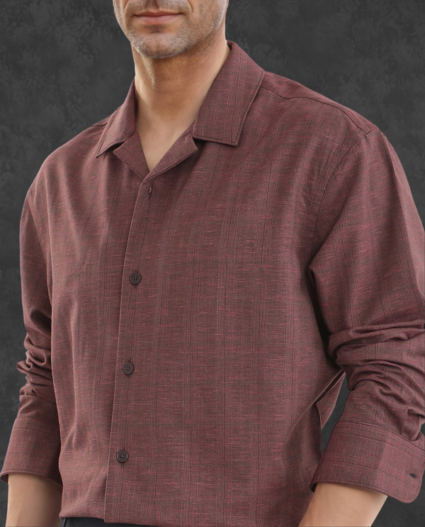 Rare Rabbit Men Reno Maroon Cotton Blend Fabric Full Sleeve Cuban Collared Button Closure Regular Fit Checks Premium Casual Shirt