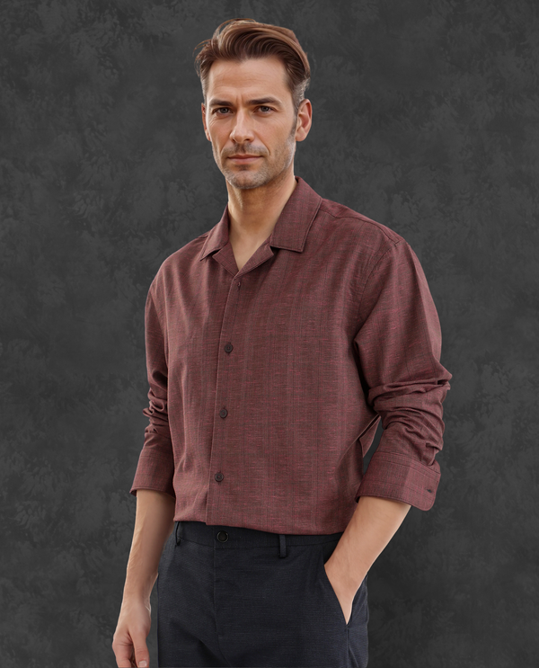 Rare Rabbit Men Reno Maroon Cotton Blend Fabric Full Sleeve Cuban Collared Button Closure Regular Fit Checks Premium Casual Shirt
