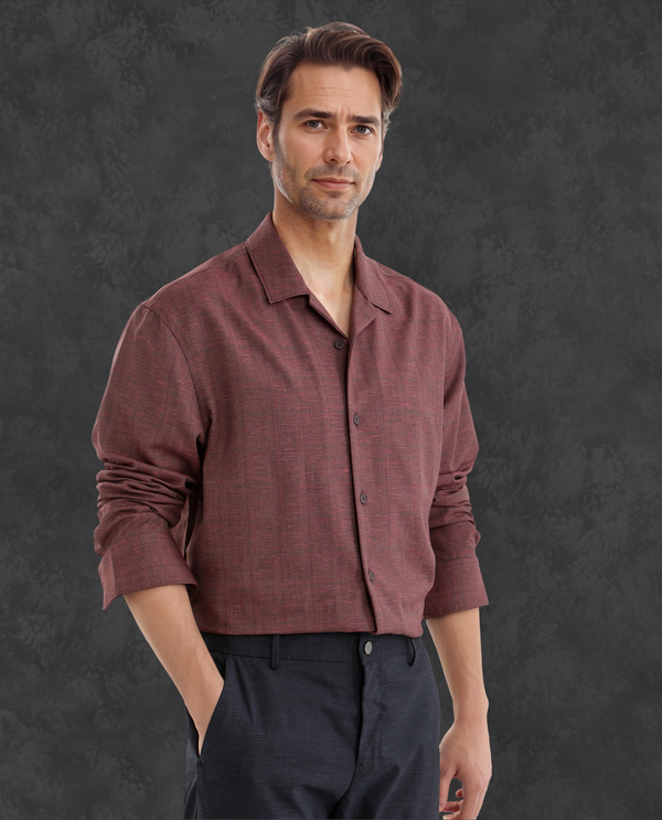 Rare Rabbit Men Reno Maroon Cotton Blend Fabric Full Sleeve Cuban Collared Button Closure Regular Fit Checks Premium Casual Shirt