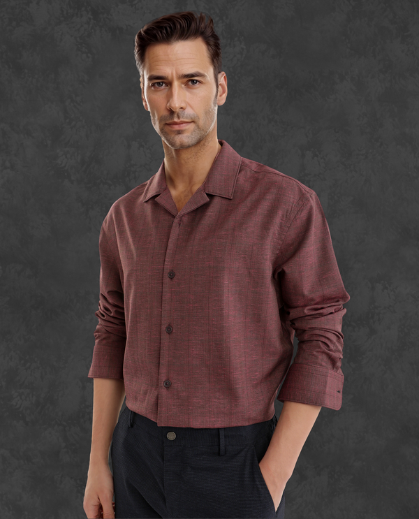 Rare Rabbit Men Reno Maroon Cotton Blend Fabric Full Sleeve Cuban Collared Button Closure Regular Fit Checks Premium Casual Shirt