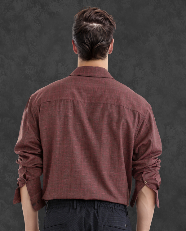 Rare Rabbit Men Reno Maroon Cotton Blend Fabric Full Sleeve Cuban Collared Button Closure Regular Fit Checks Premium Casual Shirt