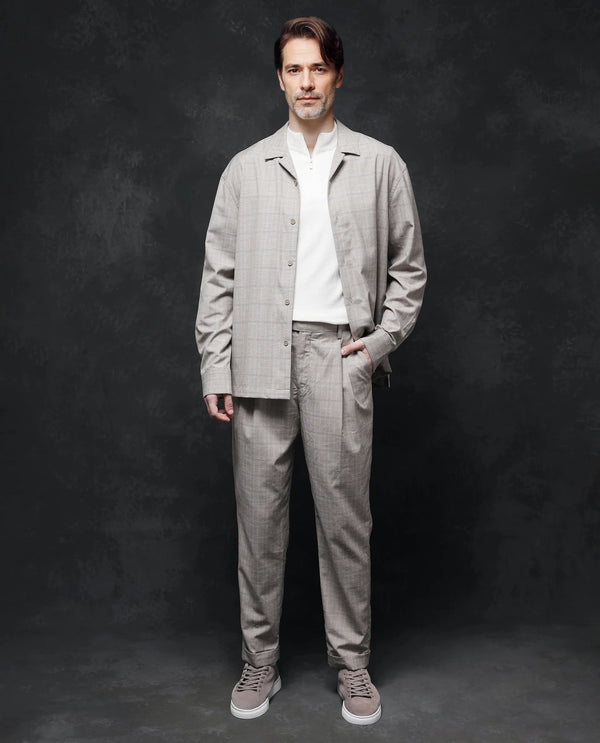 Rare Rabbit Men Renot Beige Cotton Blend Fabric Pleated Front with Adjustable Waistband Regular Fit Checks Trouser