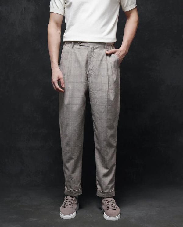 Rare Rabbit Men Renot Beige Cotton Blend Fabric Pleated Front with Adjustable Waistband Regular Fit Checks Trouser