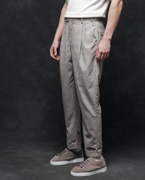 Rare Rabbit Men Renot Beige Cotton Blend Fabric Pleated Front with Adjustable Waistband Regular Fit Checks Trouser