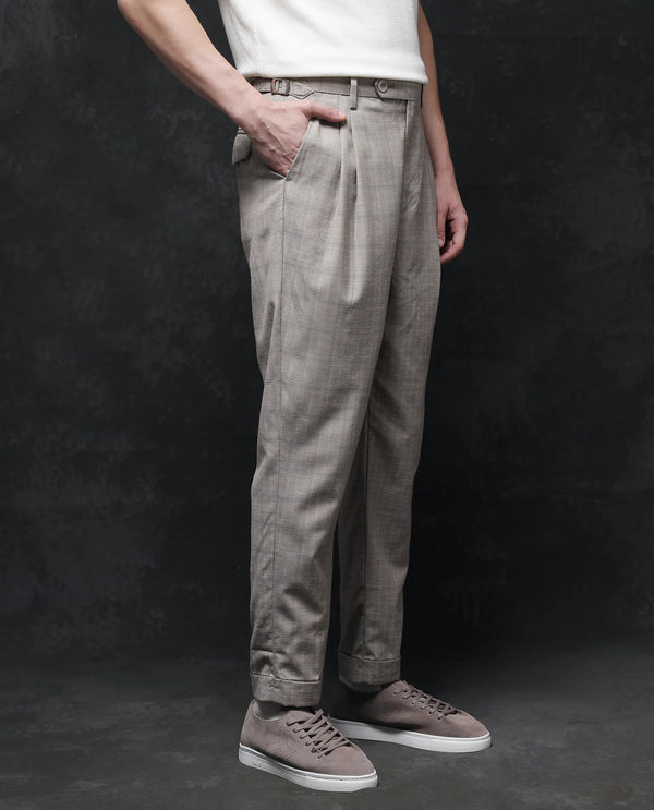 Rare Rabbit Men Renot Beige Cotton Blend Fabric Pleated Front with Adjustable Waistband Regular Fit Checks Trouser