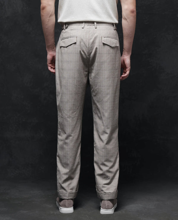 Rare Rabbit Men Renot Beige Cotton Blend Fabric Pleated Front with Adjustable Waistband Regular Fit Checks Trouser