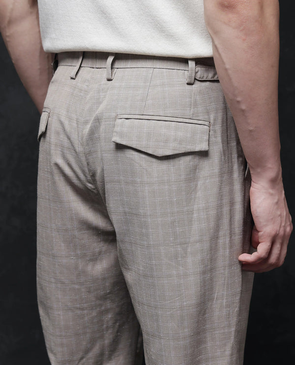 Rare Rabbit Men Renot Beige Cotton Blend Fabric Pleated Front with Adjustable Waistband Regular Fit Checks Trouser