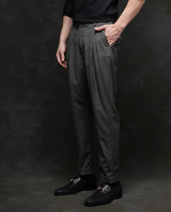Rare Rabbit Men Renot Dark Green Cotton Blend Fabric Pleated Front with Adjustable Waistband Regular Fit Checks Trouser