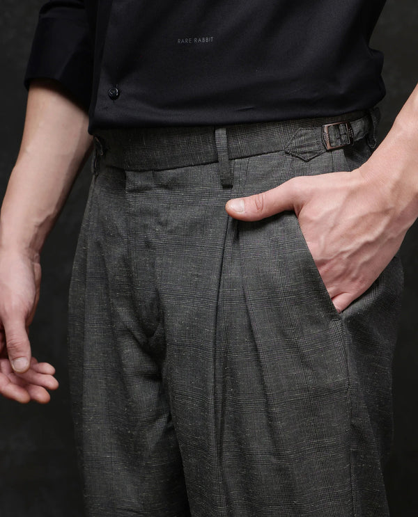 Rare Rabbit Men Renot Dark Green Cotton Blend Fabric Pleated Front with Adjustable Waistband Regular Fit Checks Trouser