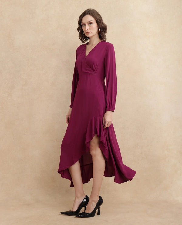 Rareism Women's Rens Dark Maroon  Overlap Neck Slip-On Closure Puff Sleeve Plain Fit And Flare Maxi Dress