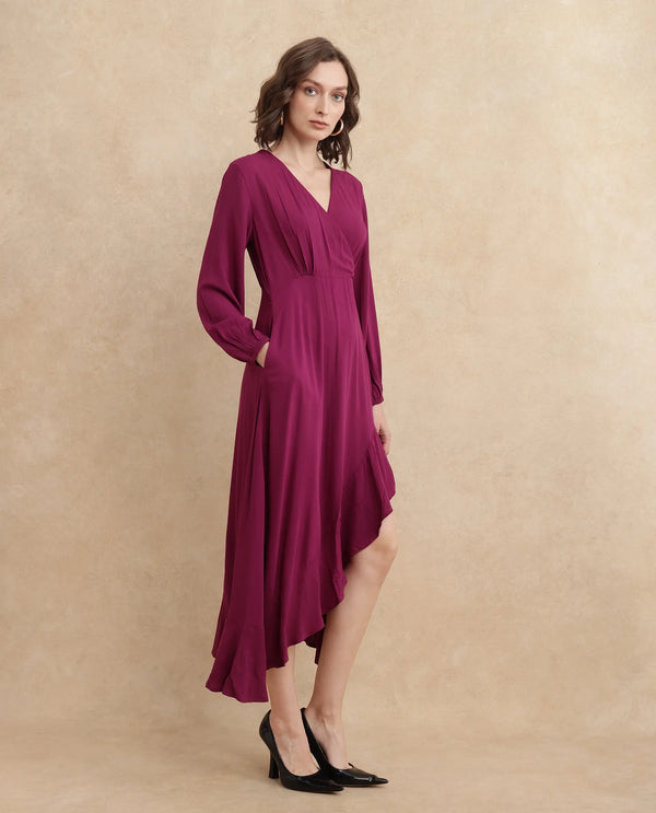 Rareism Women's Rens Dark Maroon  Overlap Neck Slip-On Closure Puff Sleeve Plain Fit And Flare Maxi Dress
