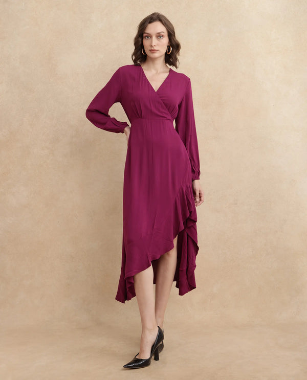 Rareism Women's Rens Dark Maroon  Overlap Neck Slip-On Closure Puff Sleeve Plain Fit And Flare Maxi Dress
