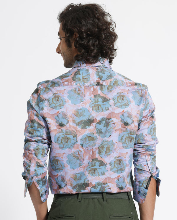 Rare Rabbit Men's Renzoo Blue Cotton Viscose Fabric Floral Print Full Sleeves Shirt