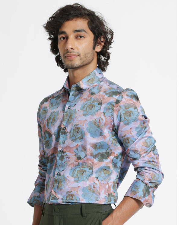Rare Rabbit Men's Renzoo Blue Cotton Viscose Fabric Floral Print Full Sleeves Shirt