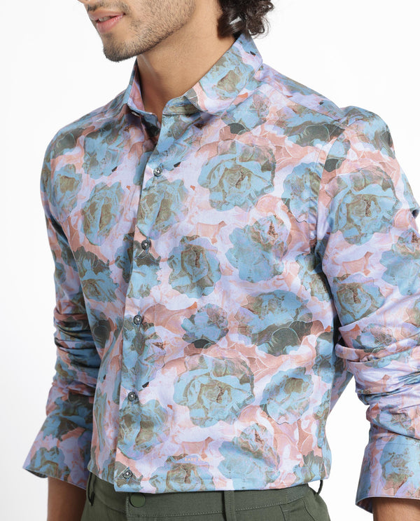 Rare Rabbit Men's Renzoo Blue Cotton Viscose Fabric Floral Print Full Sleeves Shirt