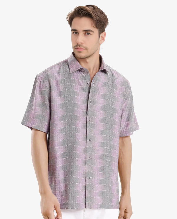 Rare Rabbit Men Renz Purple Viscose Nylon Fabric Short Sleeve Boxy Fit Abstract Print Shirt