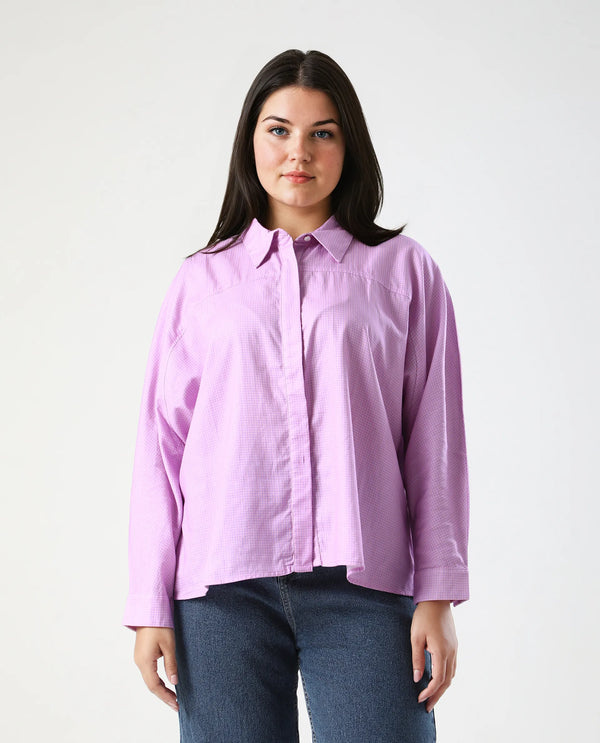Rareism Women Repen Light Purple Cotton Fabric Full Sleeve Collared Neck Button Closure Boxy Fit Geometric Print Shirt
