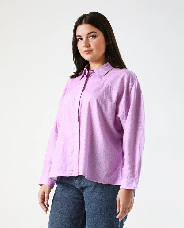 Rareism Women Repen Light Purple Cotton Fabric Full Sleeve Collared Neck Button Closure Boxy Fit Geometric Print Shirt