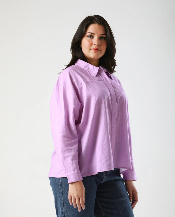Rareism Women Repen Light Purple Cotton Fabric Full Sleeve Collared Neck Button Closure Boxy Fit Geometric Print Shirt