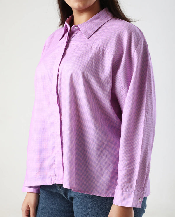Rareism Women Repen Light Purple Cotton Fabric Full Sleeve Collared Neck Button Closure Boxy Fit Geometric Print Shirt