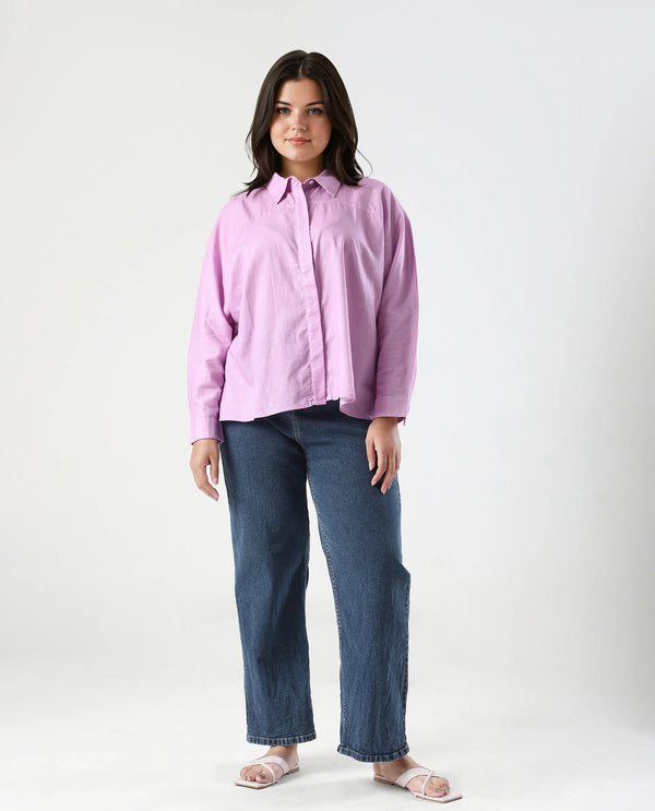Rareism Women Repen Light Purple Cotton Fabric Full Sleeve Collared Neck Button Closure Boxy Fit Geometric Print Shirt