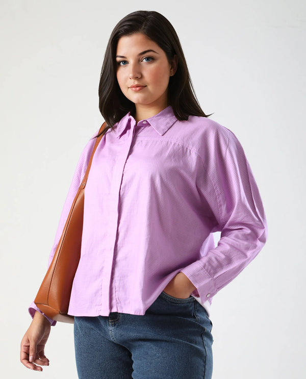 Rareism Women Repen Light Purple Cotton Fabric Full Sleeve Collared Neck Button Closure Boxy Fit Geometric Print Shirt