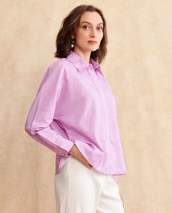 Rareism Women Repen Light Purple Cotton Fabric Full Sleeve Collared Neck Button Closure Boxy Fit Geometric Print Shirt