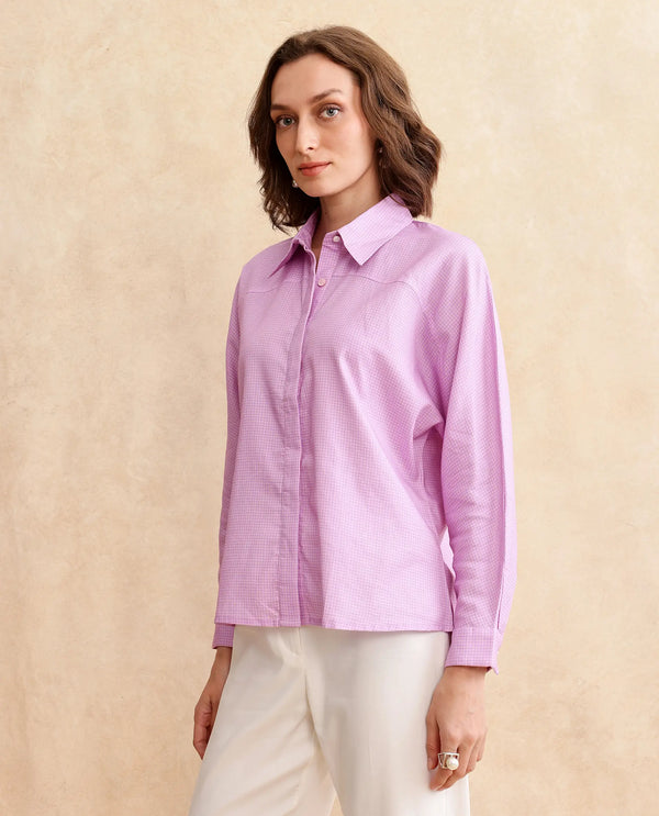 Rareism Women Repen Light Purple Cotton Fabric Full Sleeve Collared Neck Button Closure Boxy Fit Geometric Print Shirt
