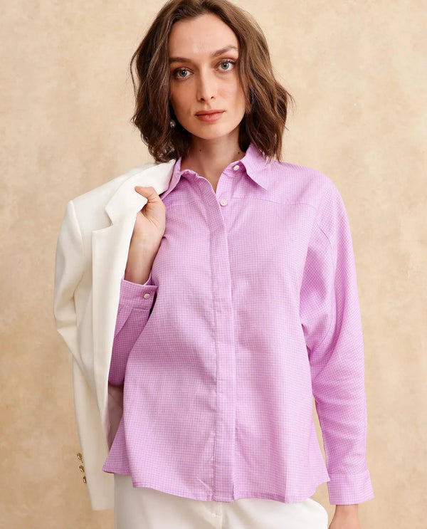Rareism Women Repen Light Purple Cotton Fabric Full Sleeve Collared Neck Button Closure Boxy Fit Geometric Print Shirt