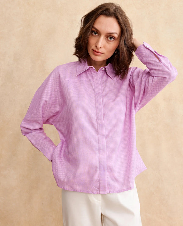Rareism Women Repen Light Purple Cotton Fabric Full Sleeve Collared Neck Button Closure Boxy Fit Geometric Print Shirt