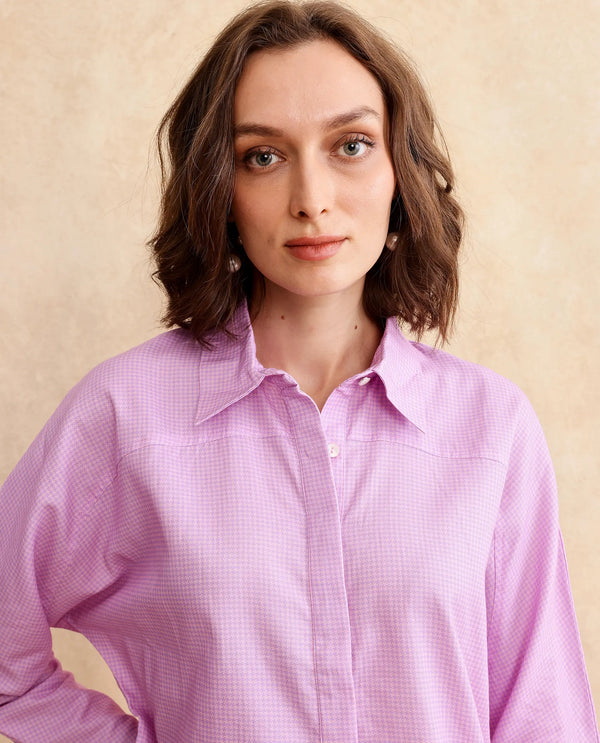 Rareism Women Repen Light Purple Cotton Fabric Full Sleeve Collared Neck Button Closure Boxy Fit Geometric Print Shirt