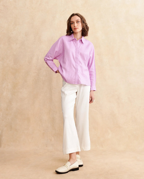 Rareism Women Repen Light Purple Cotton Fabric Full Sleeve Collared Neck Button Closure Boxy Fit Geometric Print Shirt