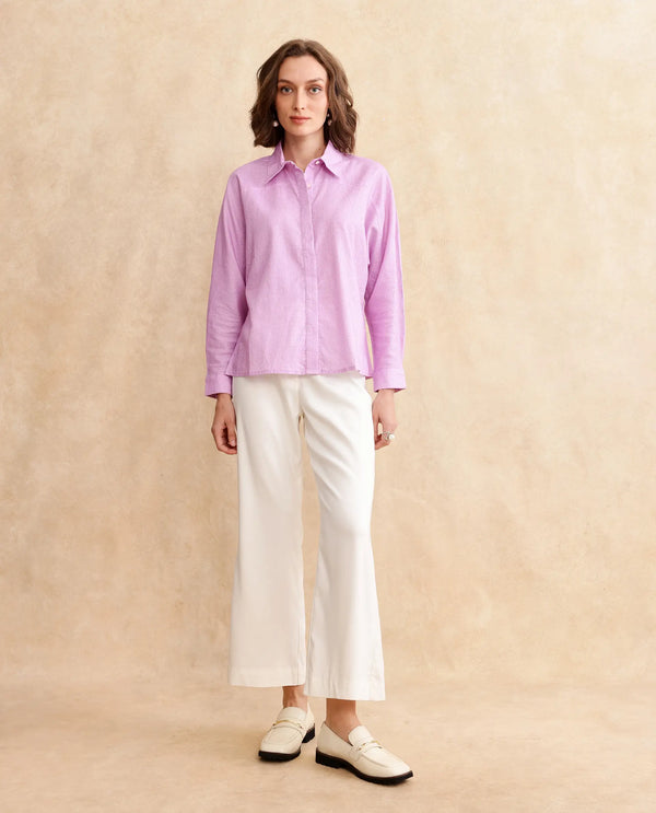 Rareism Women Repen Light Purple Cotton Fabric Full Sleeve Collared Neck Button Closure Boxy Fit Geometric Print Shirt
