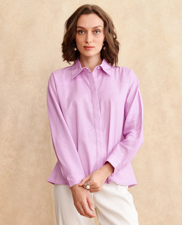 Rareism Women Repen Light Purple Cotton Fabric Full Sleeve Collared Neck Button Closure Boxy Fit Geometric Print Shirt