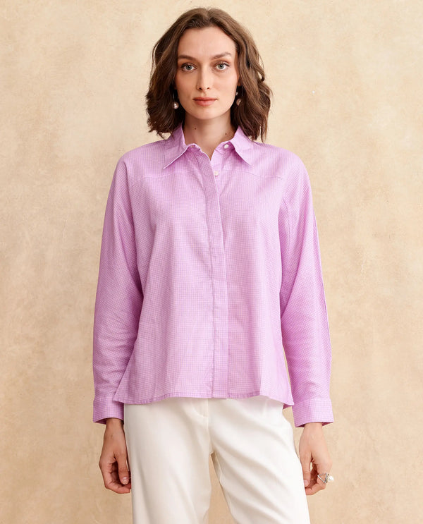 Rareism Women Repen Light Purple Cotton Fabric Full Sleeve Collared Neck Button Closure Boxy Fit Geometric Print Shirt