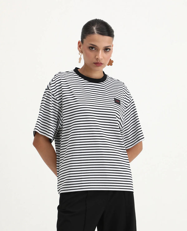 Rareism Women Reph White Cotton Fabric Short Sleeve Relaxed Fit Plain T-Shirt