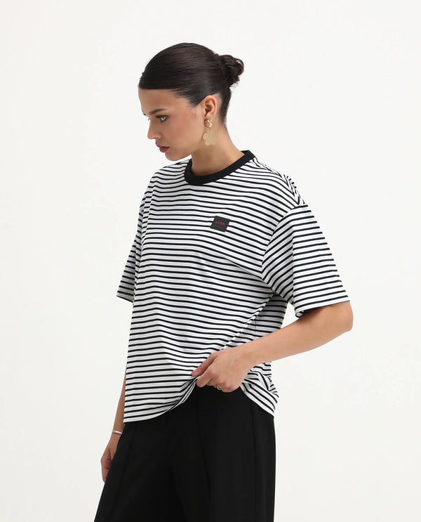 Rareism Women Reph White Cotton Fabric Short Sleeve Relaxed Fit Plain T-Shirt