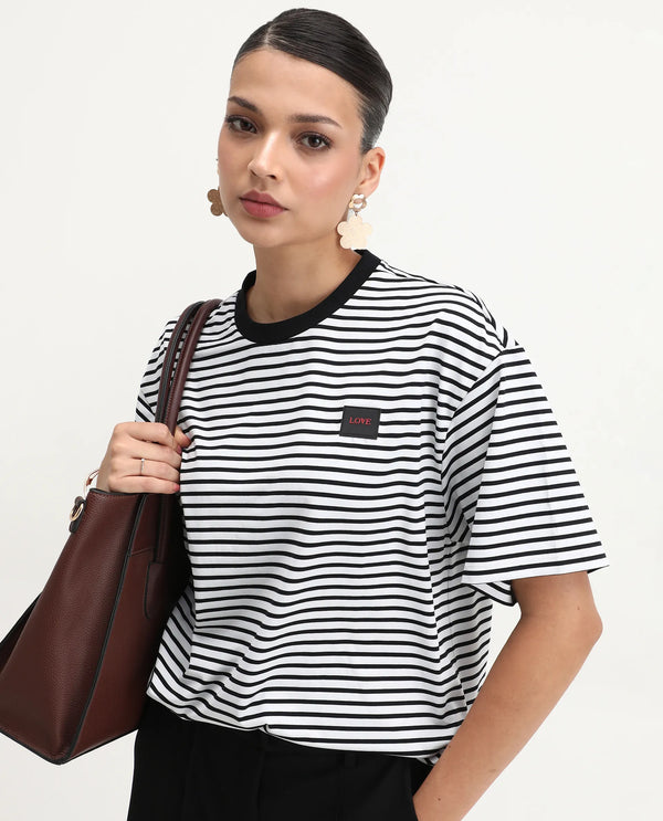 Rareism Women Reph White Cotton Fabric Short Sleeve Relaxed Fit Plain T-Shirt