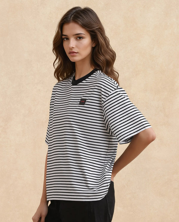 Rareism Women Reph White Cotton Fabric Short Sleeve Relaxed Fit Plain T-Shirt