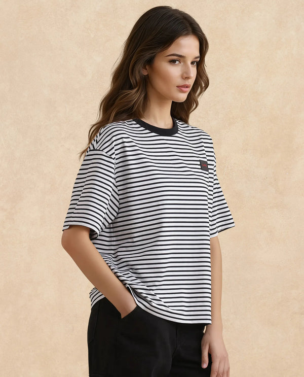 Rareism Women Reph White Cotton Fabric Short Sleeve Relaxed Fit Plain T-Shirt