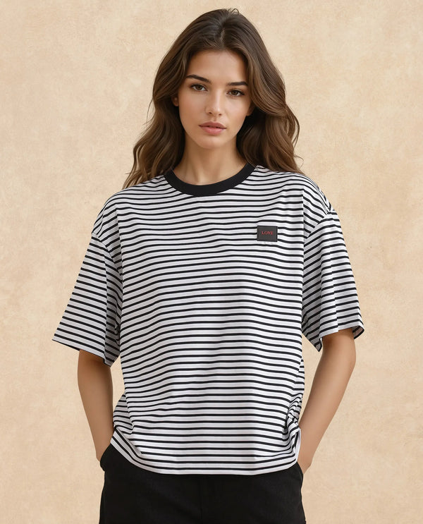Rareism Women Reph White Cotton Fabric Short Sleeve Relaxed Fit Plain T-Shirt