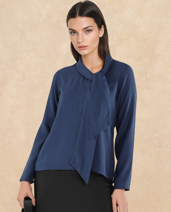 Rareism Women Repowo Navy Full Sleeve Tie Up Neck Button Closure Plain Top