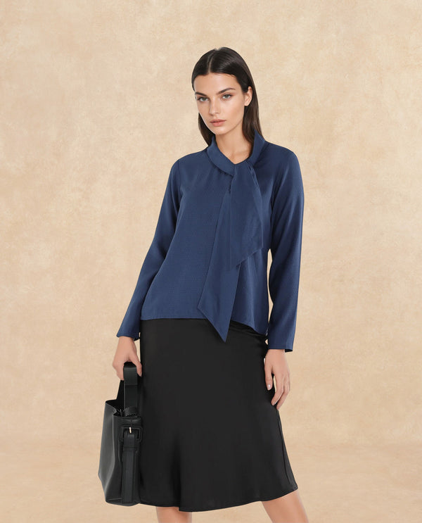 Rareism Women Repowo Navy Full Sleeve Tie Up Neck Button Closure Plain Top