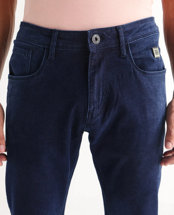 Rare Rabbit Men's Repp Blue Pant Cotton Elastane Fabric Slim Fit Button & Zip Closure Jeans