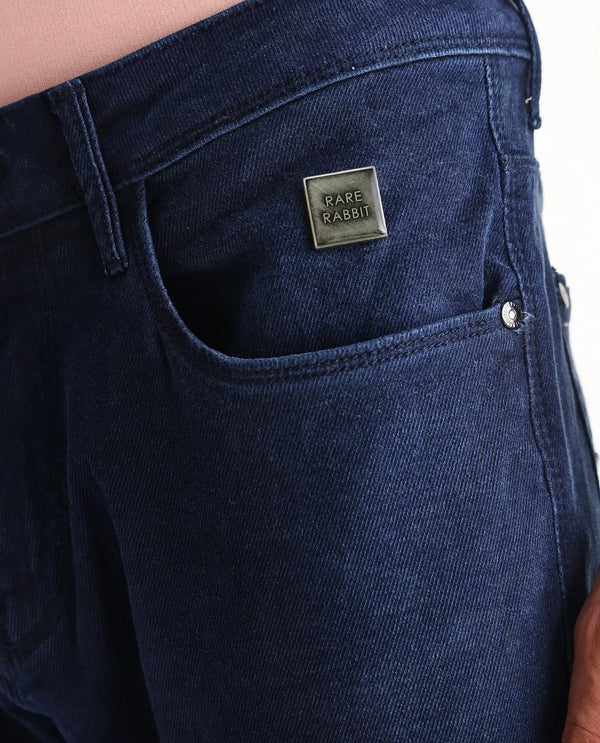 Rare Rabbit Men's Repp Blue Pant Cotton Elastane Fabric Slim Fit Button & Zip Closure Jeans