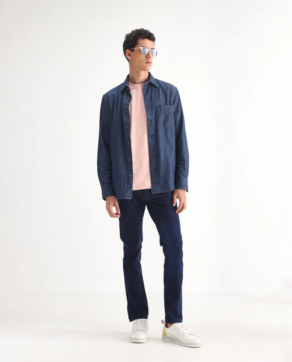 Rare Rabbit Men's Repp Blue Pant Cotton Elastane Fabric Slim Fit Button & Zip Closure Jeans