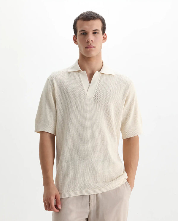Rare Rabbit Men's Rera Off White Cotton Fabric Half Sleeve Spread Collar Oversized Fit Textured Polo