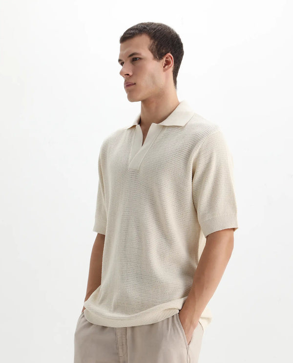Rare Rabbit Men's Rera Off White Cotton Fabric Half Sleeve Spread Collar Oversized Fit Textured Polo