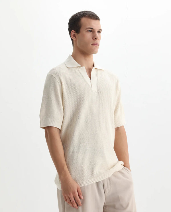Rare Rabbit Men's Rera Off White Cotton Fabric Half Sleeve Spread Collar Oversized Fit Textured Polo